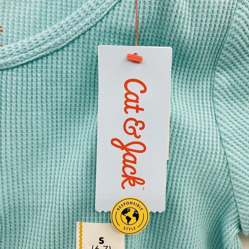 Cat & Jack Girls Small 6/7 Short Sleeve Waffle Henley Shirt‎ Turquoise Blue 1501